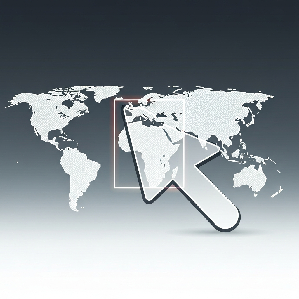 An abstract, flat illustration depicting the concept of selecting a country or region. A stylized, minimalist representation of a glowing global map or interconnected digital network forms the background. In the foreground, a large, translucent, abstract cursor-like shape hovers over a highlighted, undefined region, implying selection without showing specific countries or actual menu items. Clean lines, modern color palette, suggesting global reach and user customization. Infographic style.