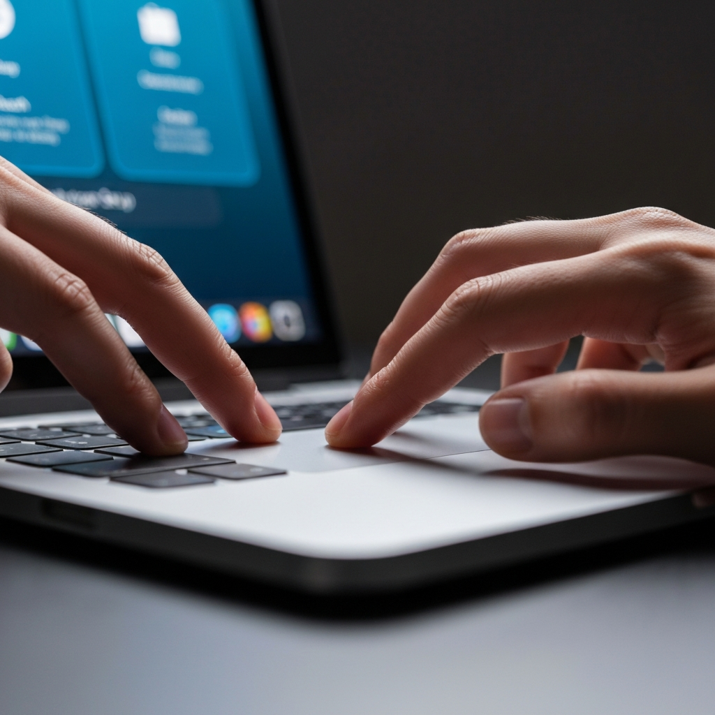 A close-up, low-angle shot focusing on a user's hands and fingers elegantly interacting with the large, responsive trackpad of a MacBook Neo. The tips of the fingers are positioned for precise navigation or selection. The edge of the vibrant display is visible in the background, subtly glowing with generic interface elements (no actual text) that imply a setup process. The scene emphasizes intuitive touch interaction and control. Professional photography, shallow depth of field.