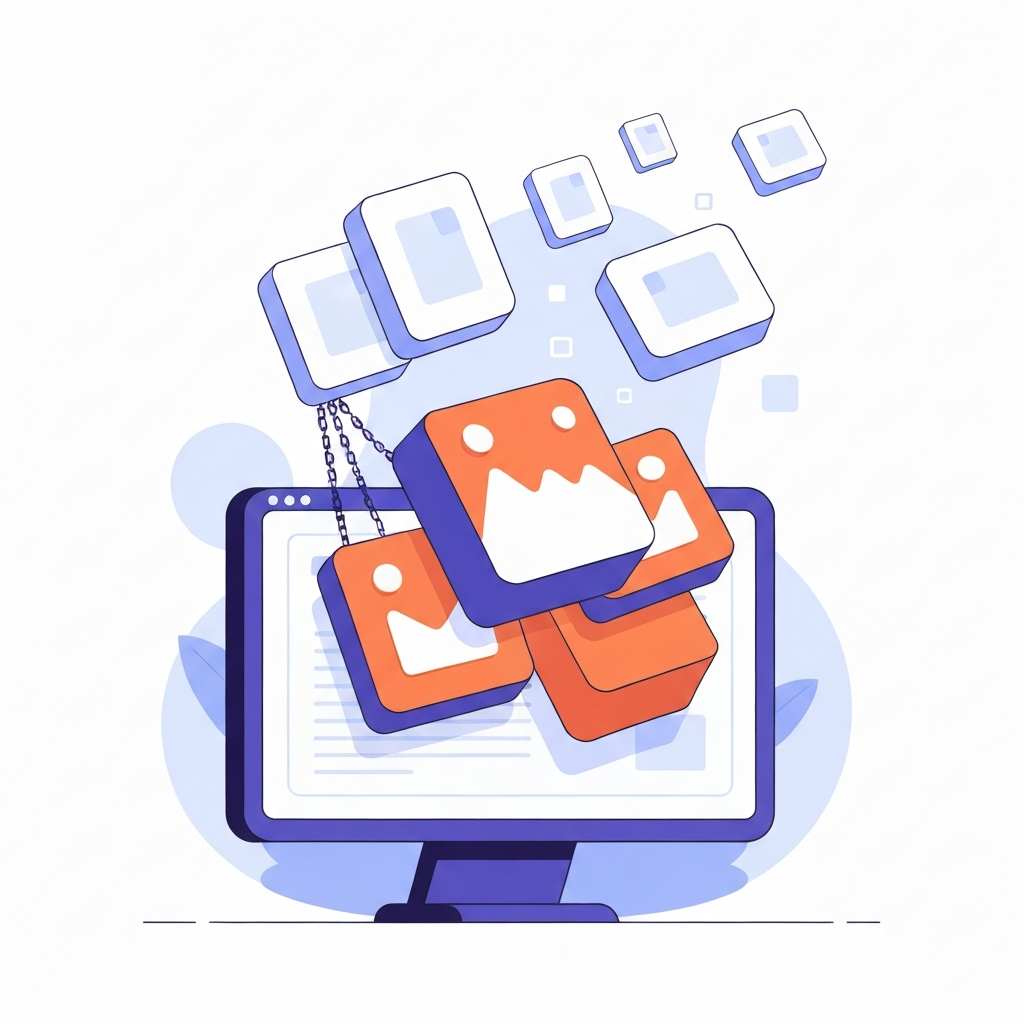 A vibrant, conceptual flat illustration depicting the impact of unoptimized images on website performance. In the foreground, a stylized computer monitor or a generic web page outline is struggling to load. From its screen, heavy, oversized digital image files (represented as bulky, square or rectangular blocks with simple abstract patterns) are physically dragging down the entire web page structure. Some blocks might have chains or ropes pulling them down. In contrast, in the background, smaller, compressed image files (represented as lighter, streamlined blocks) are effortlessly floating upwards, suggesting efficiency and speed. The color palette should be bright and modern, with a clear visual distinction between heavy and light elements. The overall scene should evoke a sense of struggle versus ease.
