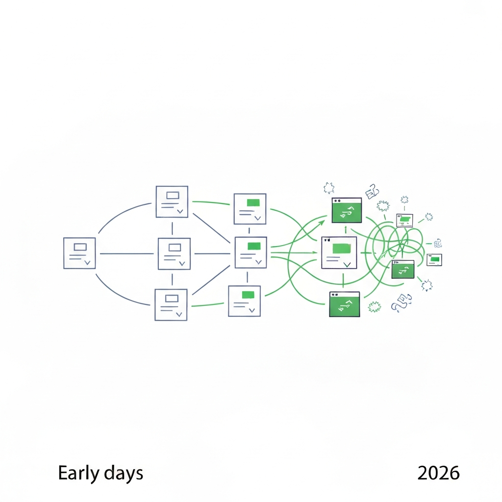 A conceptual flat illustration showcasing the historical evolution and current complexity of trackbacks in the digital landscape. On the left, representing the 'early days' of blogging, depict a simple, clean network of a few interconnected blog posts, symbolized by gentle, flowing lines and clear, distinct nodes, conveying community and organic discovery. As the image progresses towards the right, representing '2026,' the connections become more intricate and nuanced. Some connections remain strong and beneficial, indicated by smooth, green lines leading to healthy web icons. However, others are fragmented, tangled, or partially obscured by small, subtle 'spam' abstract symbols, illustrating exploitation and challenges. The overall visual should subtly convey a journey from simplicity to a more intricate, dual-edged reality, without any specific dates or labels.