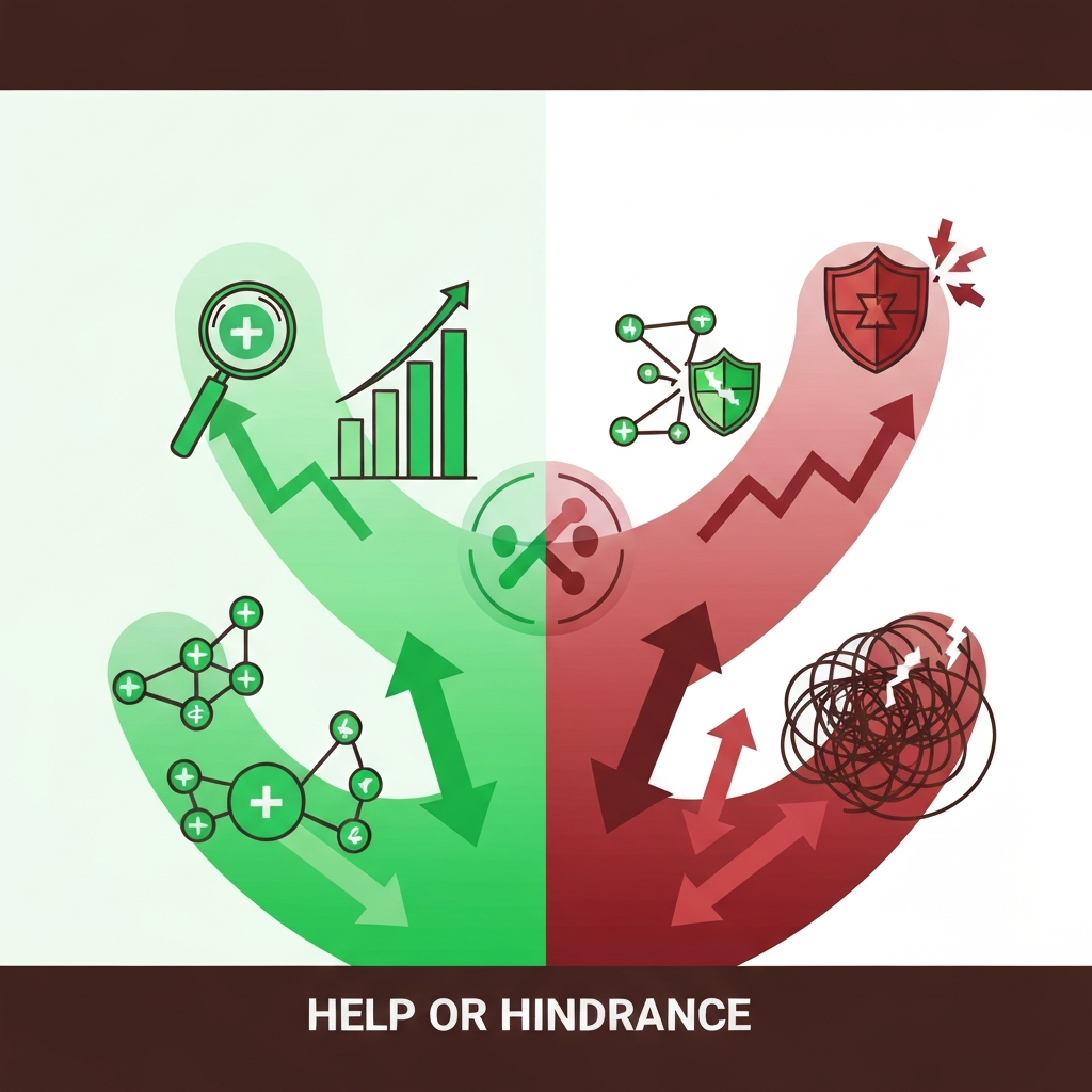 A vibrant, modern infographic style illustration depicting the dual nature of trackbacks and their impact on SEO. In the center, a stylized abstract icon represents a digital connection or 'trackback.' From this central point, two distinct paths diverge. One path, illuminated with bright greens and upward-trending arrows, leads towards symbols of positive SEO outcomes: a magnifying glass finding a healthy website, a growing bar chart, and interconnected, thriving web nodes. The other path, shrouded in darker reds and downward-trending arrows, leads towards symbols of negative SEO: broken links, a shield blocking spam, and tangled, fragmented web connections, suggesting decline and disarray. The overall image should clearly differentiate between beneficial and harmful impacts on a website's online presence, reflecting the 'Help or Hindrance' debate in a visually balanced way.