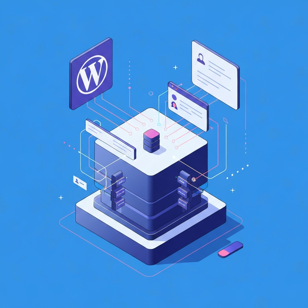 An isometric illustration depicting a strong, foundational block representing WordPress, perhaps with subtle design elements reminiscent of content management or database storage. Emerging from and interacting dynamically with this block are sleek, interconnected UI components and glowing lines, symbolizing React's fast, responsive user interface. The overall scene should convey a sense of modern synergy and powerful integration, with both elements working seamlessly together to build a sophisticated web experience. Use a vibrant color palette, clean lines, and a slightly futuristic digital aesthetic.