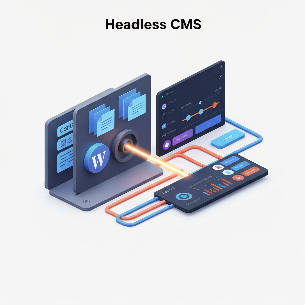 A stylized infographic visualization of the 'headless CMS' concept. On one side, represent WordPress as a secure, structured content vault or database, perhaps with abstract icons suggesting content pages and media files. On the other side, depict React as a highly interactive, fluid user interface, showing various UI components like buttons, sliders, and data displays. A clear, visual data flow, like glowing arrows or conduits, should connect the content vault to the interactive UI, demonstrating how WordPress serves content to React's dynamic front-end without directly rendering the display. The style should be clean, abstract, and professional digital art.