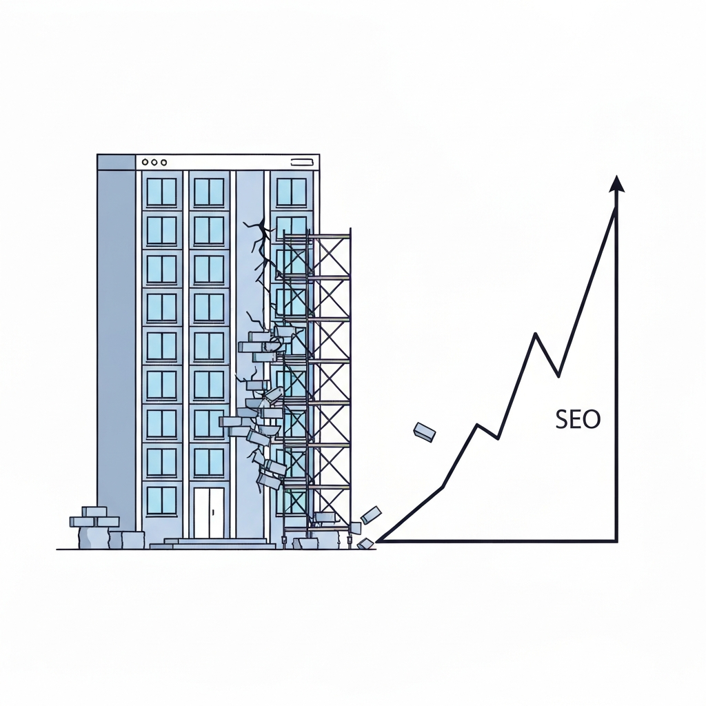An infographic-style illustration depicting the metaphorical impact of web development mistakes on SEO. Visualize a sturdy, well-designed building or structure representing a website, but with visible structural flaws: cracks in the foundation, loose bricks, or a section of scaffolding collapsing. Adjacent to this, a graph line, representing SEO ranking, is sharply plummeting towards the bottom of the frame, clearly correlating with the visible damage to the website structure. The overall aesthetic should be clean, modern, and slightly abstract, using a professional color palette to convey seriousness and clarity. Emphasize the cause-and-effect relationship.