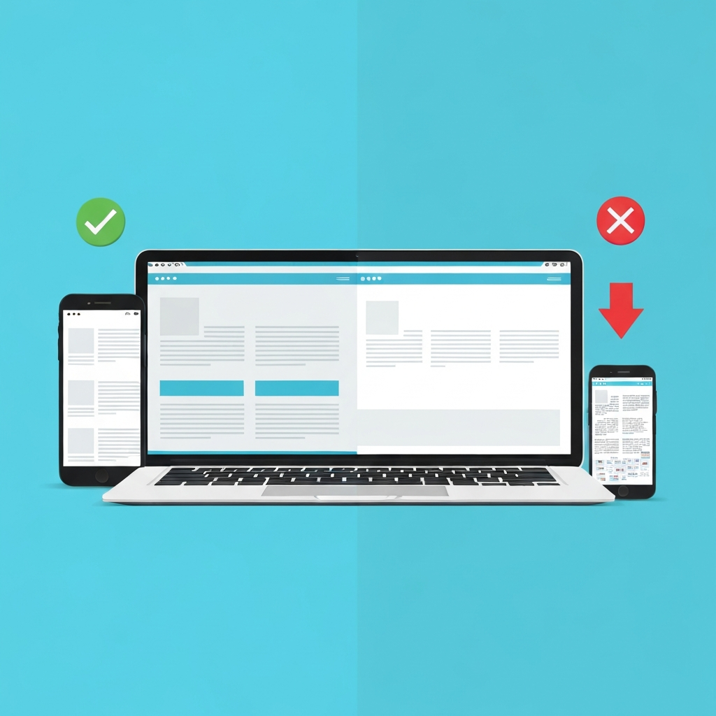 A vibrant, flat illustration showcasing the stark contrast between mobile-first responsive design and a non-responsive website. On the left side, a series of modern electronic devices (a smartphone, a tablet, and a laptop) all display a single, perfectly adapted website layout, with elements resizing gracefully and content remaining clear and navigable across each screen. On the right side, the same devices display the same website, but it appears broken: the smartphone shows tiny, unreadable text and overflowing elements, the tablet has awkward white space or requires horizontal scrolling. A subtle visual indicator like a green checkmark or an upward arrow hovers over the responsive side, while a red 'X' or downward arrow hovers over the non-responsive side, without any actual letters or words.