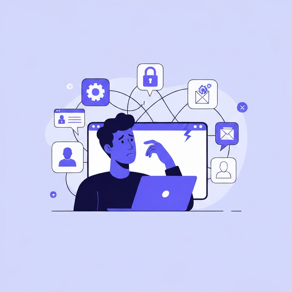 A vibrant flat illustration depicting a person (gender-neutral, perhaps a silhouette or simple figure) looking puzzled and slightly frustrated in front of a digital screen or laptop. Around them, various abstract elements symbolizing WordPress functions are tangled, broken, or misaligned. Think of a web of interconnected but clearly problematic icons related to website performance (e.g., a slow-moving gear), security (a tiny, easily penetrable lock), and user experience (a broken path). The overall scene should convey confusion and common pitfalls encountered when using the platform, with a clean, modern aesthetic.