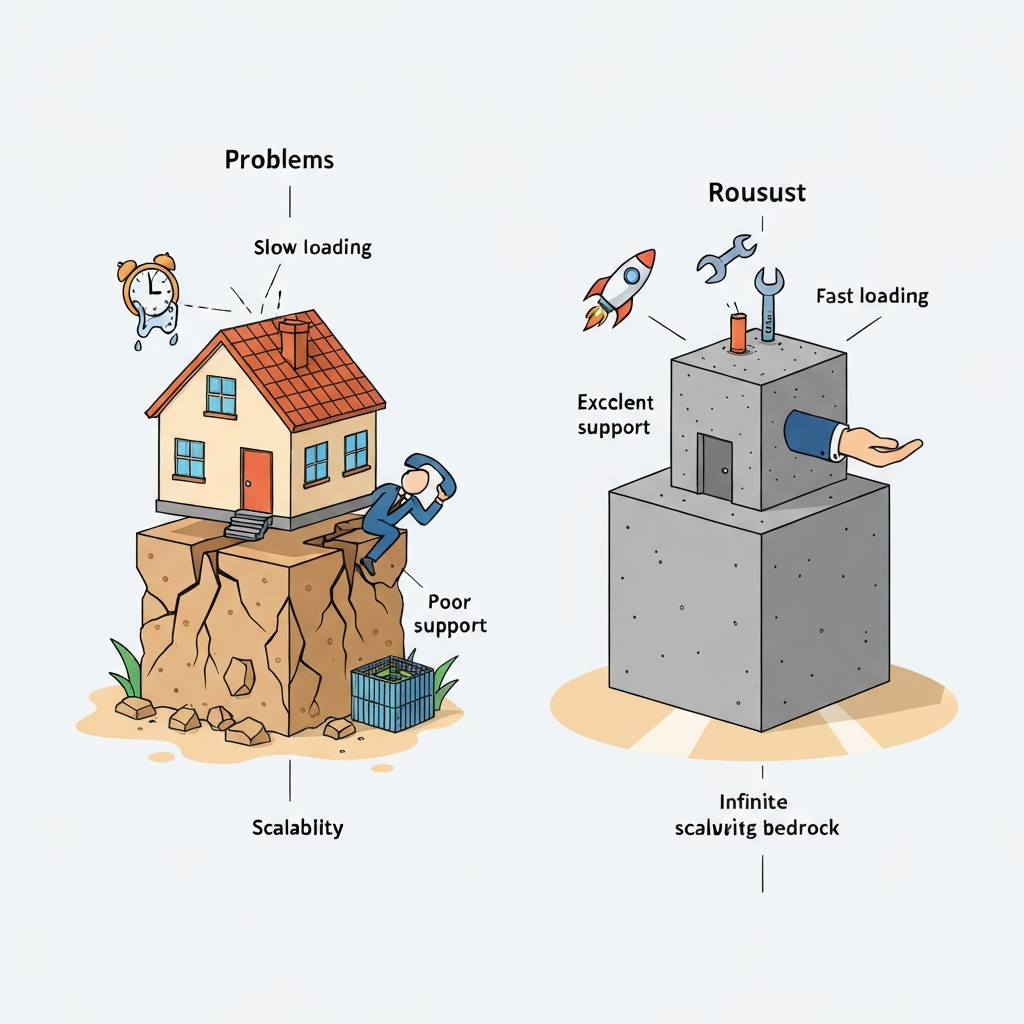 An infographic-style illustration contrasting two website foundations. On the left, a small, unstable house (representing a website) teeters precariously on a cracked, crumbling foundation of sand or brittle rock. This side features visual cues for problems: slow loading (a melting clock), poor support (a lone figure shrugging at an unanswered phone), and limited scalability (a tiny, confined box). On the right, a robust website stands firmly on a strong, solid block of reinforced concrete or bedrock, showing elements like fast loading (a rocket), excellent support (a helpful hand offering tools), and infinite scalability (an expanding pathway to a wide horizon). The visual should clearly highlight the direct impact of hosting choices on website stability and performance through contrasting iconography.