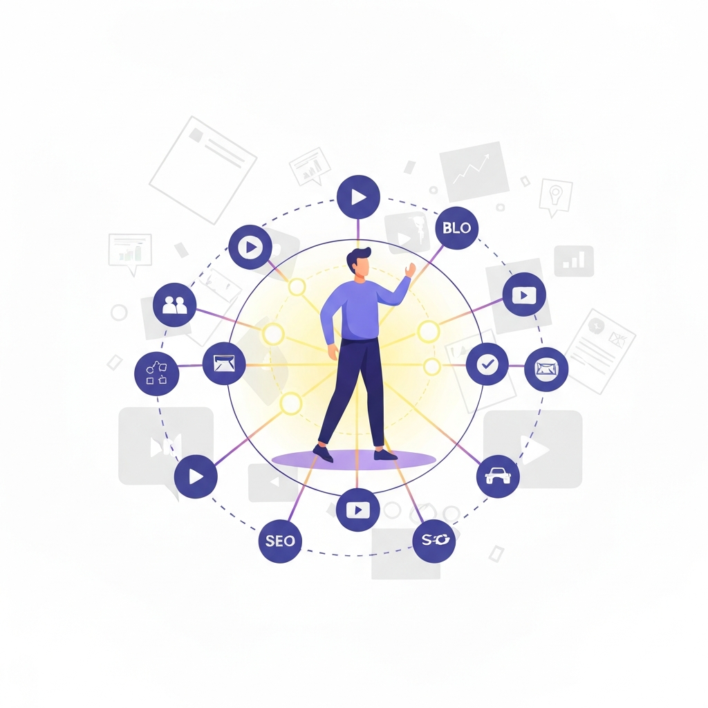 A vibrant flat illustration depicting a stylized figure confidently navigating a complex, interconnected web of content strategy elements. The figure stands at the center of a well-organized network, where various content types like blog post icons, social media logos, video play buttons, and SEO keyword bubbles are clearly linked by glowing lines, forming a robust framework. In the background, faded, chaotic, and disconnected content pieces float aimlessly, representing the 'content creation wilderness' before strategy. The overall mood is strategic and empowering, emphasizing clarity and direction in content planning, using a palette of modern, complementary colors.
