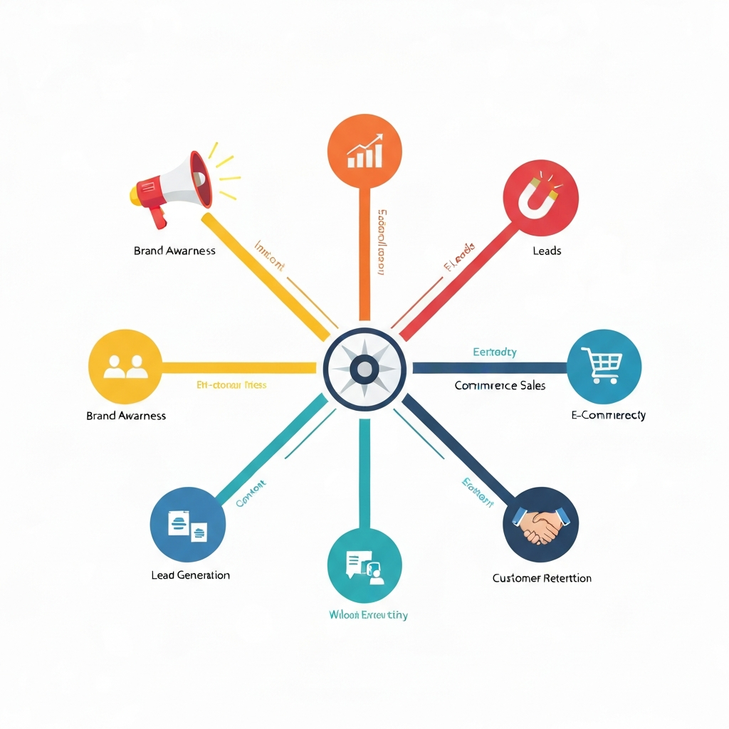 A clean, modern infographic illustration focusing on how clear objectives drive content strategy. At the core, a central hub or a stylized compass-like element represents the starting point of strategic planning. Multiple distinct pathways radiate outwards from this hub. Each path terminates at a unique visual destination icon: a glowing megaphone symbolizing brand awareness, a stylized magnet attracting leads, a shopping cart representing e-commerce sales, and two hands clasped in agreement for customer retention. Along each individual pathway, subtle visual cues denote the corresponding content types—for example, small social media icons on the awareness path, a miniature e-book graphic for lead generation, and product images for sales. The overall composition should be highly organized, using a vibrant yet professional color palette to clearly delineate the different strategic routes.