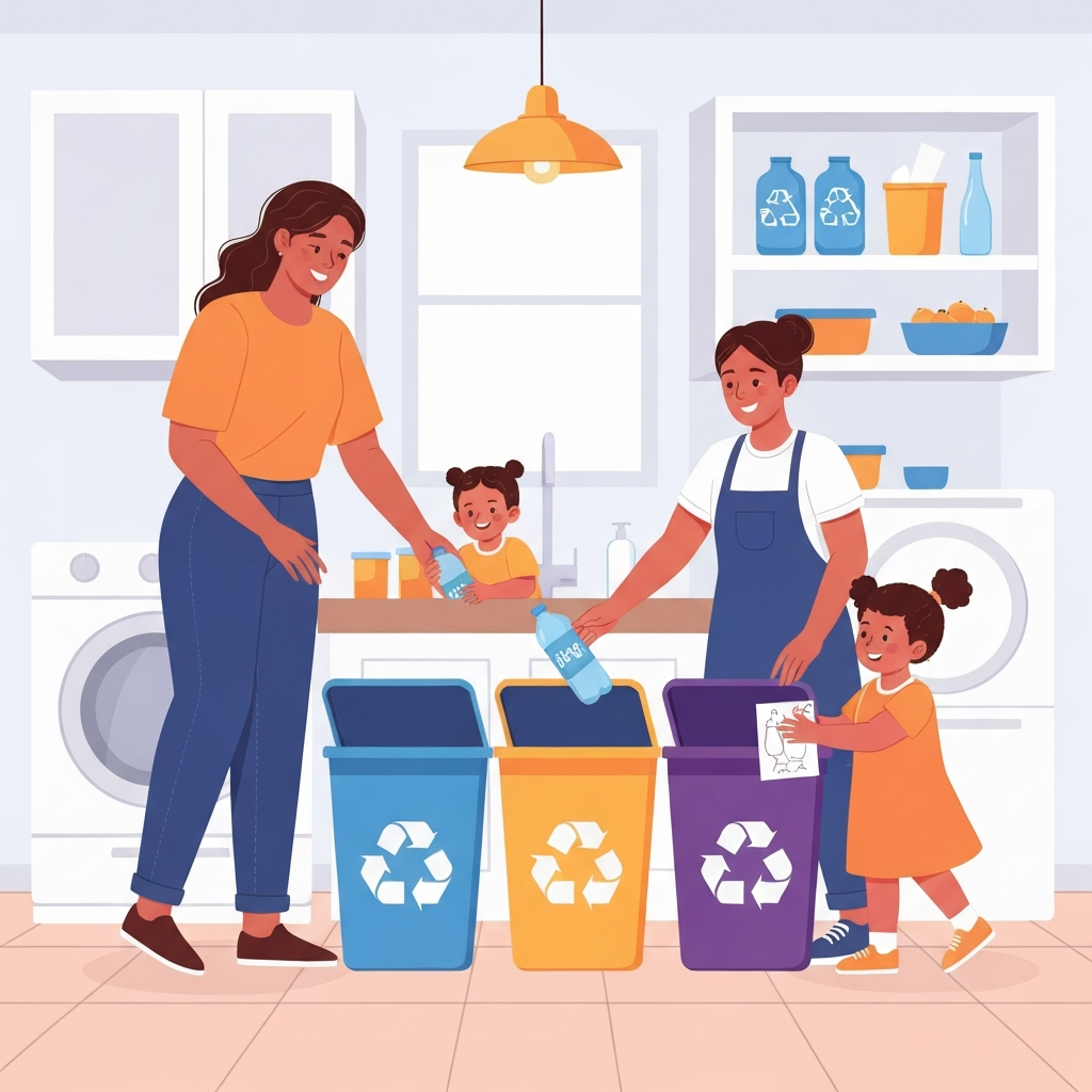 A vibrant, modern flat illustration depicting a diverse family (two adults, two young children) happily engaged in recycling in a brightly lit, organized utility room or kitchen. The recycling bins are colorful and clearly differentiated with simple, universally recognizable pictorial icons for plastic, paper, and glass. One child is dropping a plastic bottle into a bin, while another is proudly attaching a drawing or sticker to a bin. The adults are smiling, guiding the children. The scene emphasizes teamwork, cleanliness, and the joy of eco-friendly practices within a home setting.