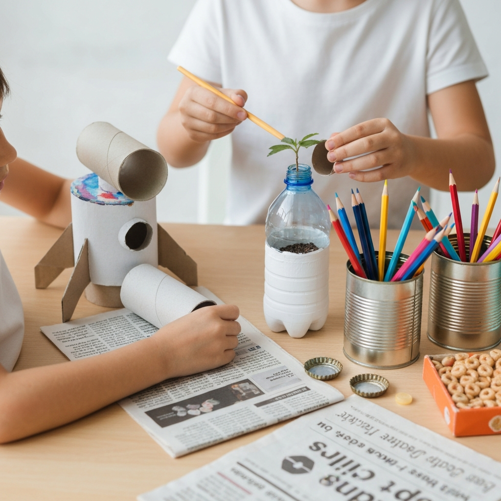 A professional, brightly lit photo focusing on children's hands actively creating art from recycled materials on a craft table. Visible elements include a partially constructed rocket or robot made from cardboard boxes and toilet paper rolls, a plastic bottle being painted to become a planter, and tin cans repurposed as colorful pencil holders filled with art supplies. Scattered around are various clean recyclables like newspaper scraps, bottle caps, and cereal box pieces. The composition highlights creativity, resourcefulness, and the transformation of everyday items into imaginative projects.