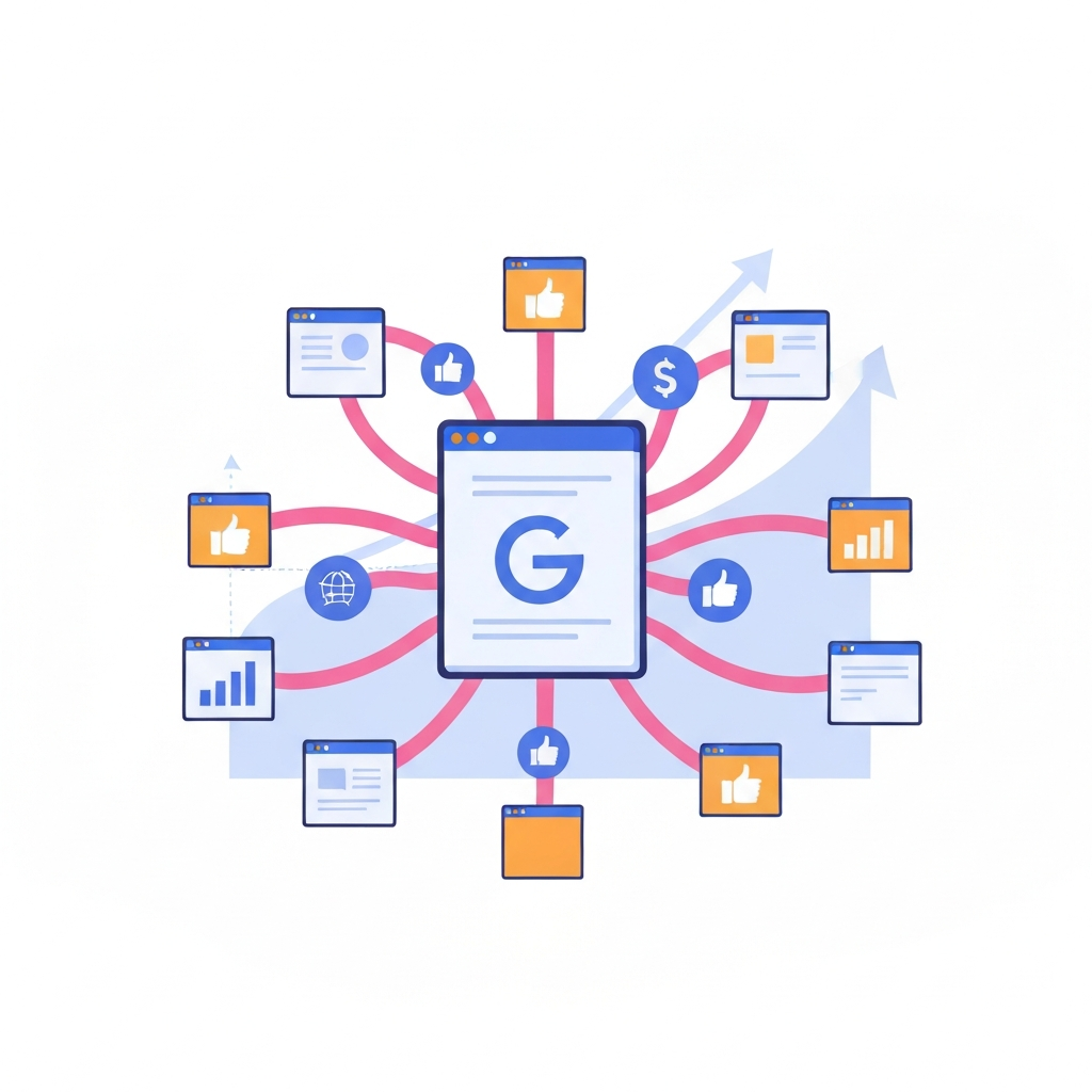 A vibrant, modern flat illustration depicting a central website icon or a document symbol emitting multiple digital tendrils or arrows. These tendrils reach out and connect to various other distinct website icons, which are shown positively reinforcing the central site, perhaps with symbolic 'thumbs up' or strong link connections. In the background, a subtle, upward-sloping graph or a rising authority meter indicates increased SEO and authority, visually representing the benefits of proactive backlink acquisition.