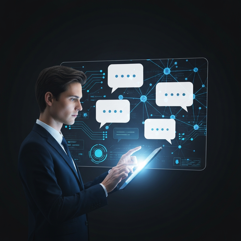 A sleek, modern digital illustration showing a human interacting with advanced AI. A person, perhaps a business professional or a student, is looking attentively at a glowing tablet or holographic screen. The screen itself displays dynamic, abstract visuals: interconnected neural network patterns, flowing data streams, and stylized, empty speech bubbles moving between an unseen AI entity and the user. The background is minimalistic, focusing attention on the seamless, intelligent exchange. The image conveys efficiency, personalization, and accessibility, highlighting AI's role in understanding and responding to human intent without displaying any actual language.