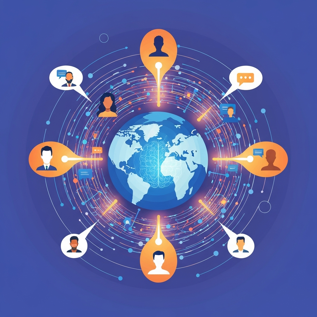 A vibrant, flat illustration depicting global communication revolutionized by AI. The Earth sits at the center, surrounded by a swirling network of abstract lines and nodes, symbolizing interconnectedness. Stylized human silhouettes from diverse backgrounds are subtly integrated, exchanging glowing data streams and thought bubbles (no text inside). A central, glowing AI brain or a complex digital neural network pattern radiates outwards, seamlessly bridging all communication pathways. The overall impression is one of effortless, worldwide interaction, with AI as the invisible catalyst. Modern, clean aesthetic with bright, optimistic colors.