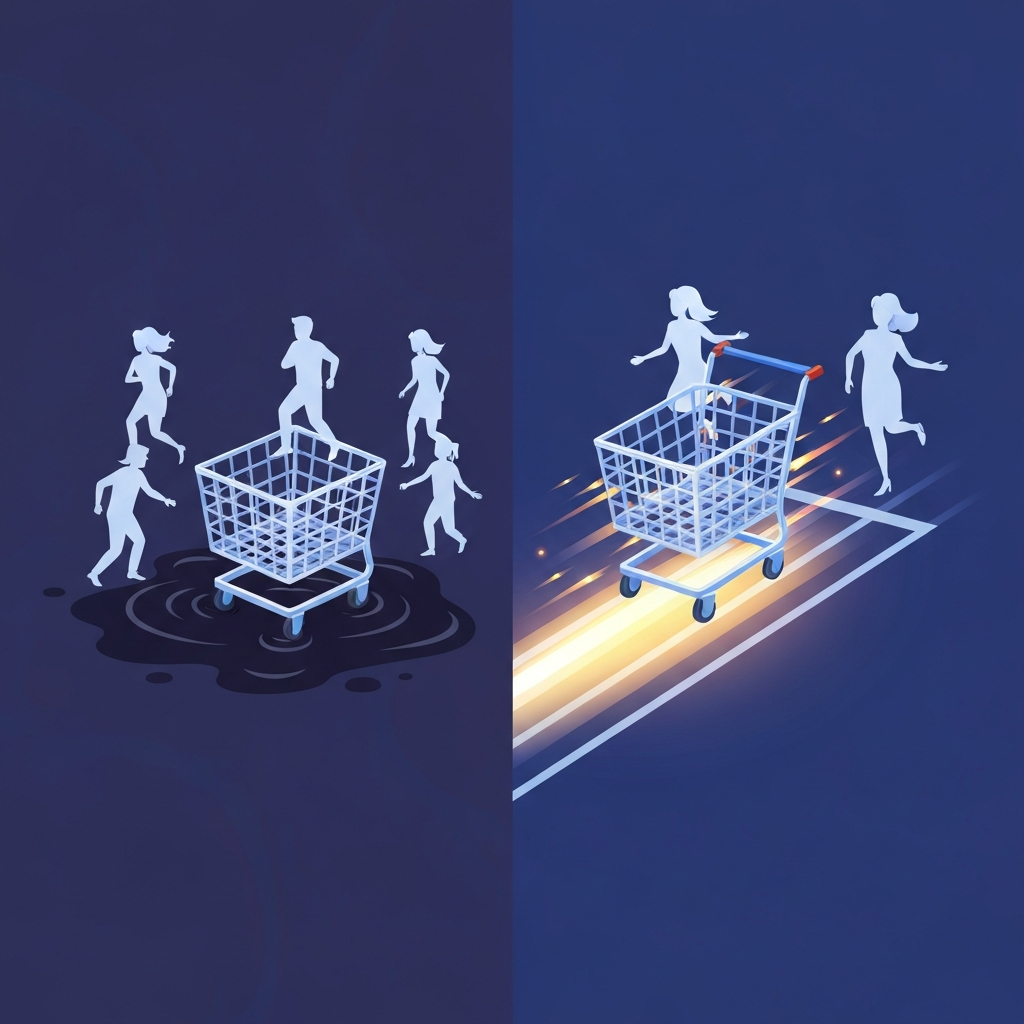 A vibrant, modern flat illustration depicting the transformation of an e-commerce website. On the left side, a stylized shopping cart is visibly stuck in a thick, dark pool resembling molasses, surrounded by faint, frustrated customer silhouettes turning away. On the right side, the same shopping cart is now sleek and dynamic, racing forward on a lightning-fast, glowing track, leaving a trail of speed lines, with cheerful customer silhouettes easily approaching and engaging. The visual contrast should clearly convey a shift from sluggishness to high-speed efficiency, symbolizing improved user experience and conversion.