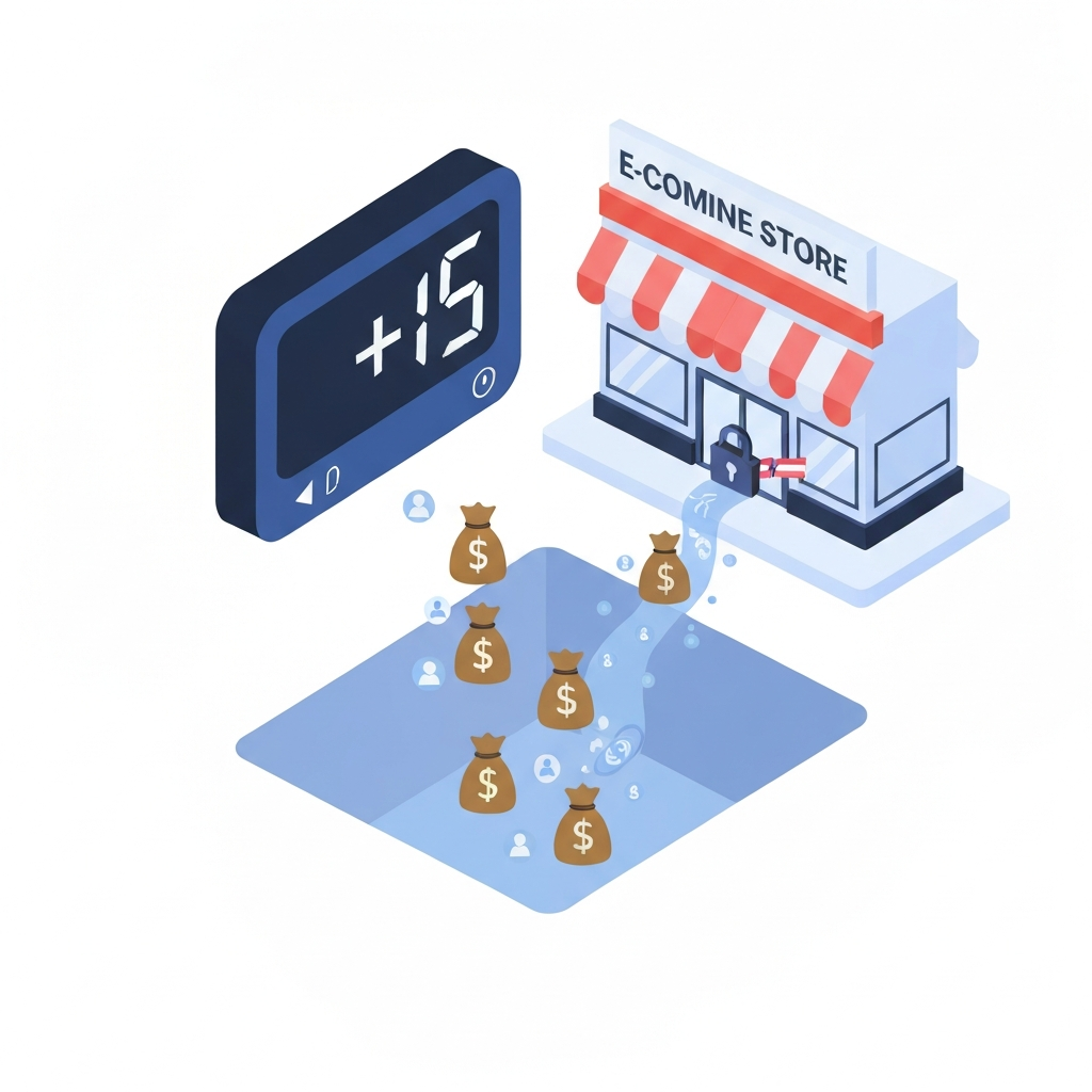 An infographic-style illustration visually representing the 'unseen cost' of slow website speed for an online store. A prominent digital timer displays a subtle, critical delay (e.g., '+1s' implied by the visual, not text). From this timer, a stream of money bags and customer icons subtly 'leaks' or 'drains' away into an empty abyss, symbolizing lost conversions and revenue. In the background, a minimalist depiction of a generic e-commerce storefront with a 'blocked' or 'locked' entrance. The color scheme should use a clear distinction between the vibrant potential and the dull, draining reality.