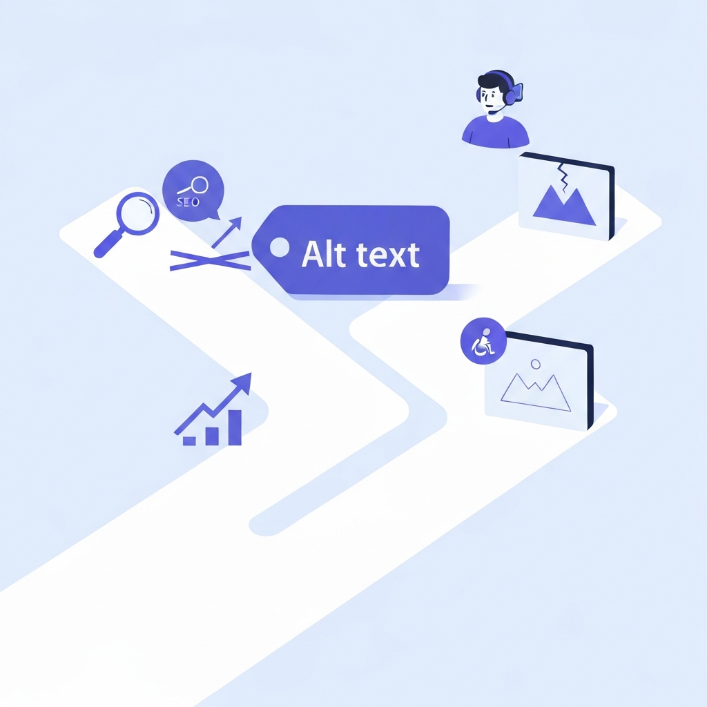 A clean, modern flat illustration depicting a digital information flow. A stylized 'alt text' tag is shown at a conceptual fork in the path. One path, visually represented by abstract icons like a magnifying glass and a generic upwards graph arrow (symbolizing SEO ranking), is visibly blocked or leads to a dead-end. The other path, wide and clear, leads towards a scene depicting web accessibility elements: a stylized person using a screen reader with headphones and a universal broken image icon displaying a subtle, descriptive visual placeholder (e.g., a minimalist mountain outline). This visual metaphor clearly shows alt text's primary contribution to accessibility rather than direct SEO.