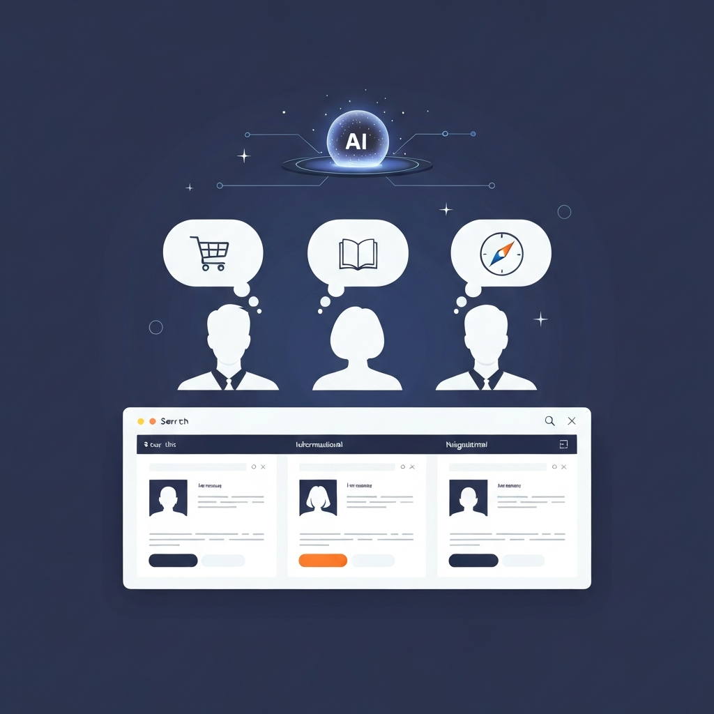 A modern vector illustration showing three distinct user silhouettes, each with a unique thought bubble above their head: one with a shopping cart icon (transactional), one with a book or question mark (informational), and one with a compass or destination pin (navigational). Above them, a sleek AI interface or a glowing orb analyzes these diverse intents. Below, a simplified search results page shows three different, highly relevant website snippets, each tailored to one of the specific user intents, demonstrating AI's ability to decipher purpose. Clean, minimalist aesthetic.