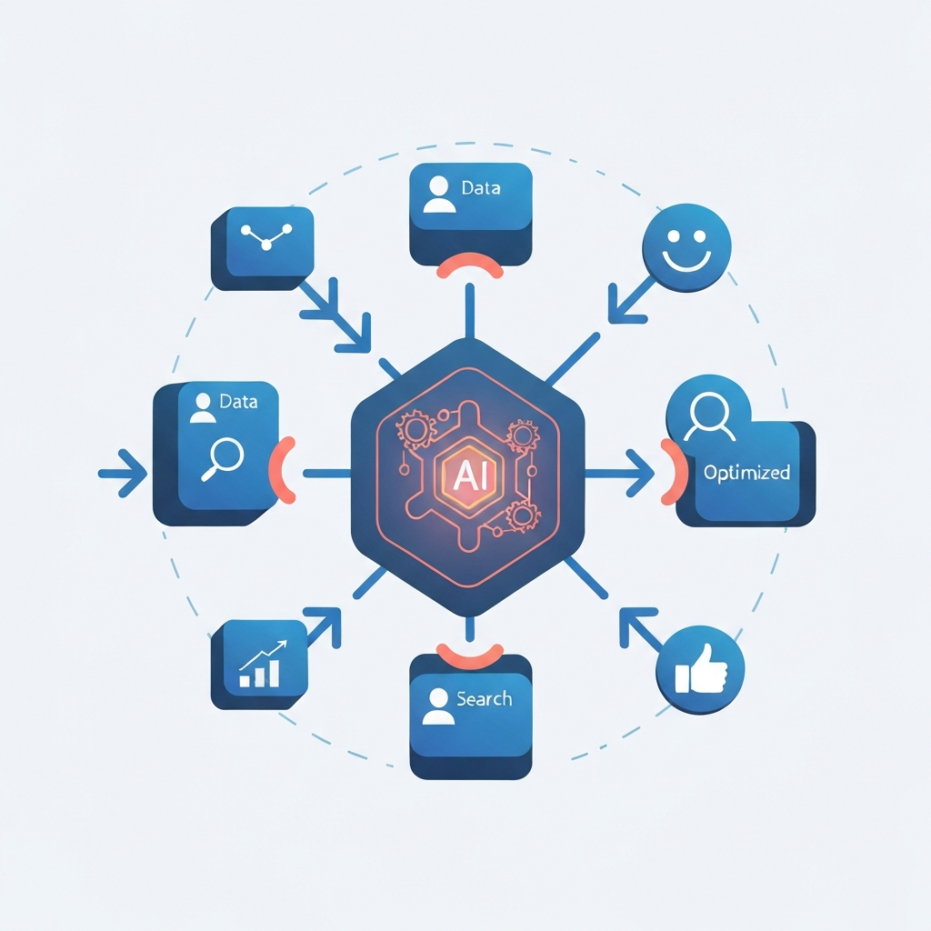 An infographic-style illustration depicting a dynamic feedback loop. Abstract data blocks (representing user interactions, content metrics) flow into a central, stylized AI processor represented by interconnected gears or a glowing core. From this core, refined, optimized digital search results emerge and are then met with user icons (e.g., happy faces, thumbs up), which in turn feed back into the initial data input. The entire system should convey continuous learning and improvement. Use a professional, tech-oriented color palette.