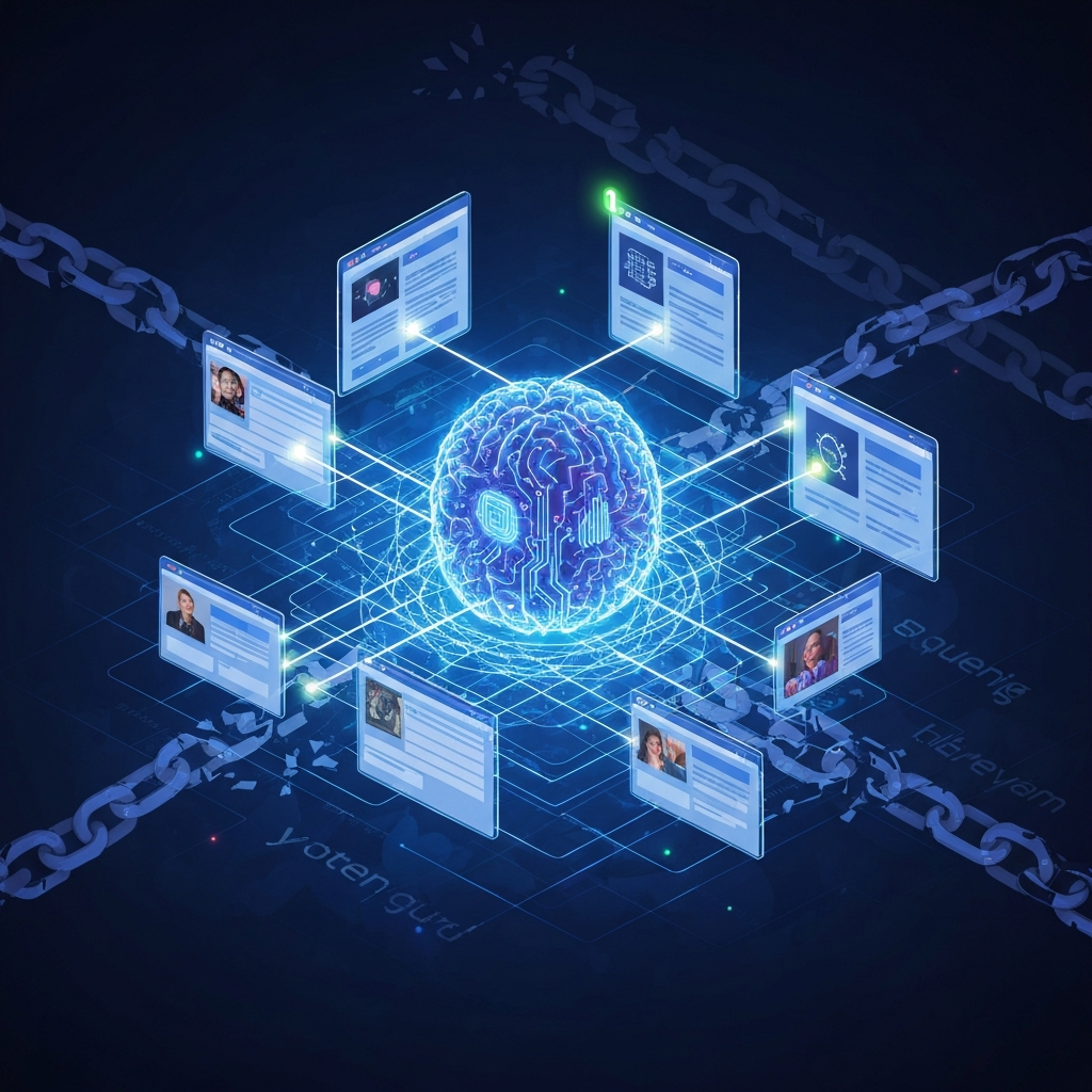A visually striking digital illustration depicting a stylized AI brain or neural network at the center of a complex web. From this central AI, glowing lines extend to various digital screens displaying website snippets, with the most relevant ones highlighted at the top. In the background, faded, broken chains or outdated keyword clouds symbolize the old, ineffective SEO methods being replaced. The overall impression is one of a new, intelligent system taking over the digital search landscape. Use a futuristic color palette with blues, purples, and electric greens.