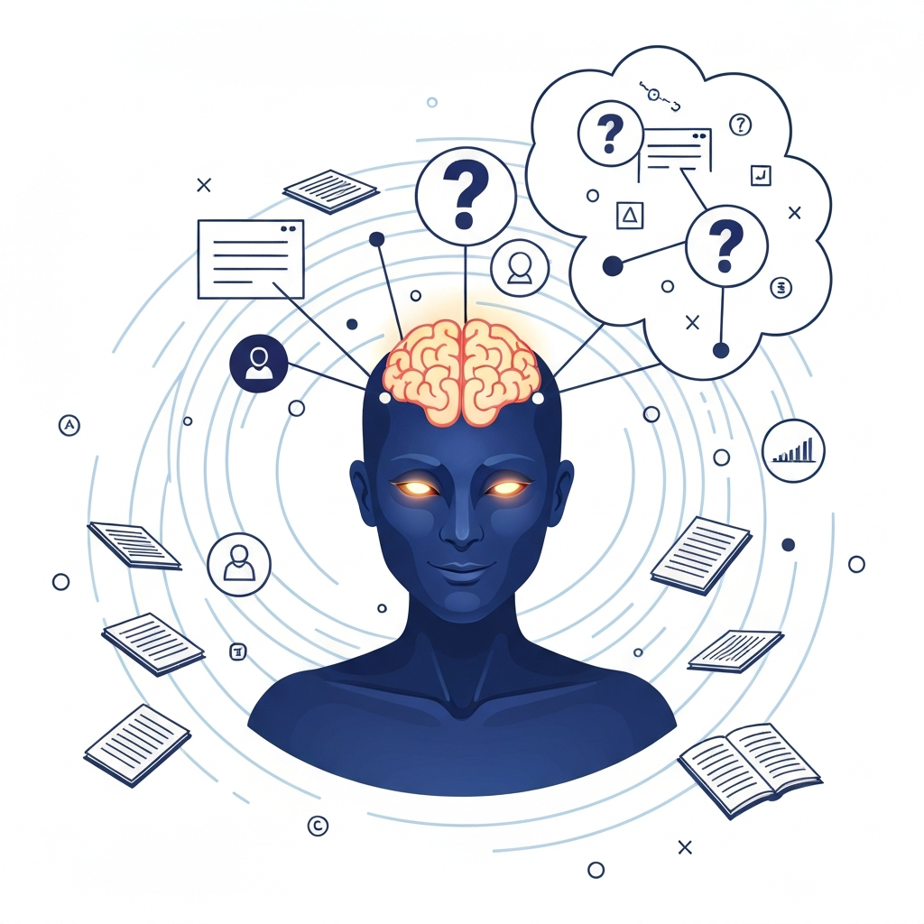 A clean, conceptual flat illustration showing a benevolent, humanoid AI entity with a glowing brain, surrounded by a swirling vortex of abstract data and information streams, resembling digital books or scattered web pages. The AI's 'eyes' or central core emit lines connecting different, seemingly unrelated data points to form a cohesive understanding of a user's abstract query, represented by a thought cloud with question marks and various symbols. Emphasize understanding and connection. Use a bright, approachable color scheme.