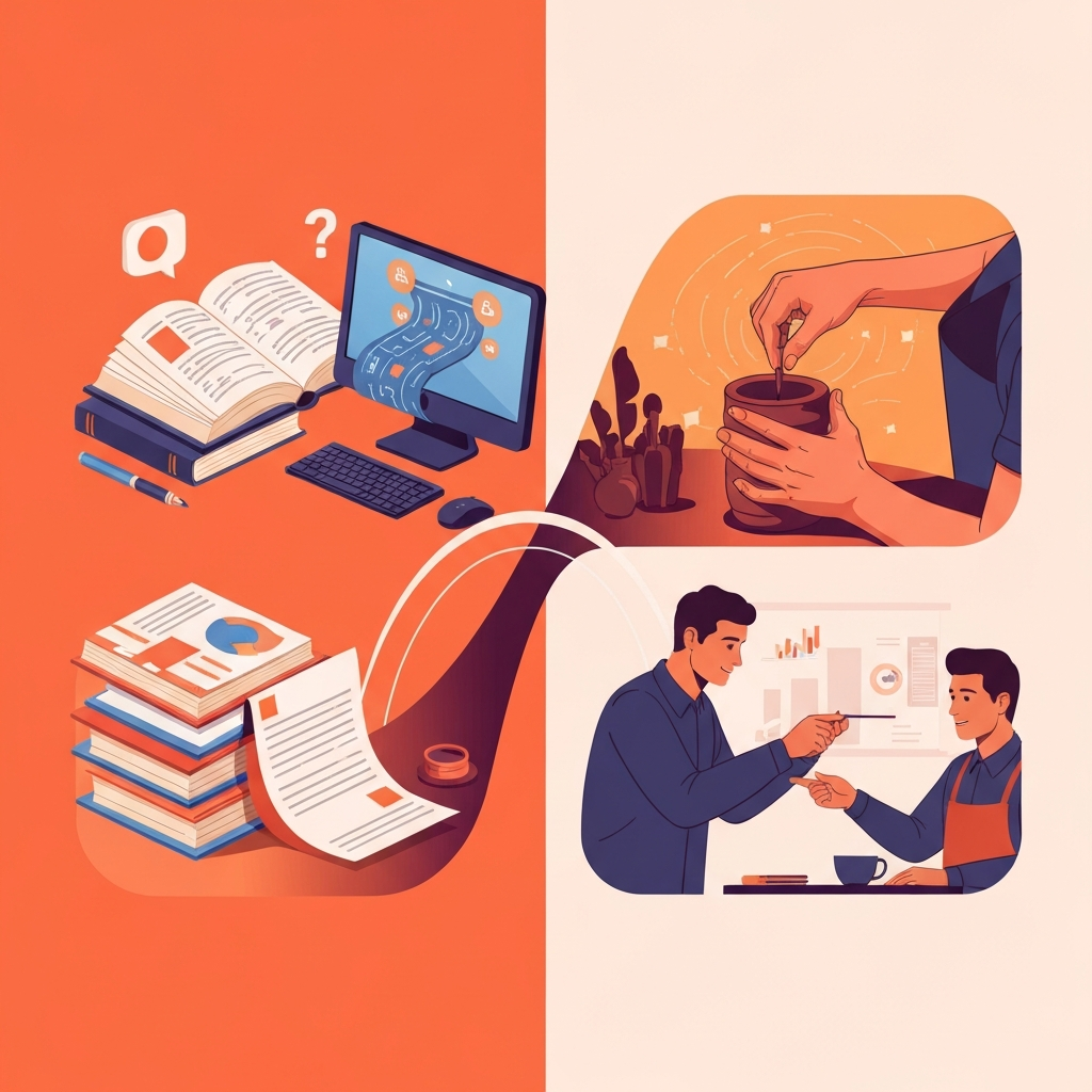 A vibrant, conceptual illustration depicting the distinction between explicit and tacit knowledge. On the left side, explicit knowledge is represented by tangible, structured elements like open textbooks, a flowing digital data stream leading into a computer monitor, and neatly organized documents. On the right side, tacit knowledge is illustrated through dynamic scenes: a craftsman's hands expertly shaping clay with intuitive precision, and a mentor subtly guiding a mentee through observation in a workshop setting. A subtle visual arc or conceptual bridge connects the two sides, suggesting a journey from raw data to applied wisdom. The style should be modern flat illustration with a rich, inviting color palette.