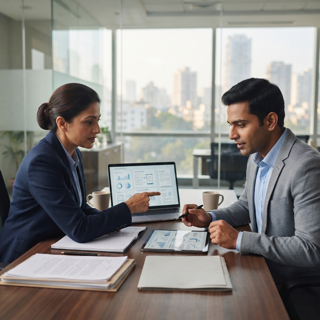 A professional legal consultation setting in a contemporary Indian corporate office. A legal advisor and a business exec