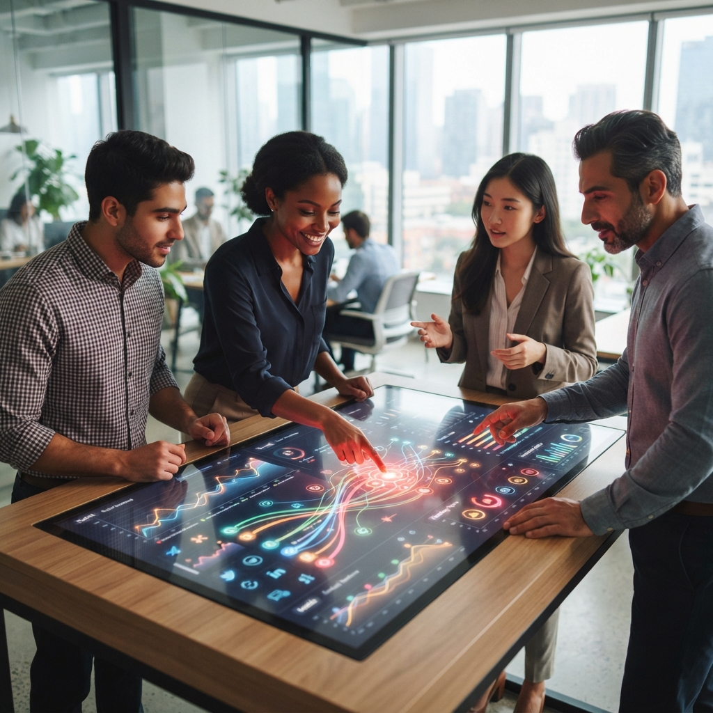 A modern corporate office workspace featuring a diverse marketing team collaborating around a large digital display tabl