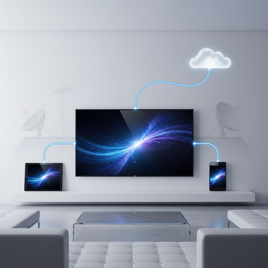 A modern, minimalist living room. A sleek, futuristic smart TV displays vibrant, high-definition content. Around it, a tablet and smartphone show the same content, indicating multi-device accessibility. A subtle, glowing network line connects these devices to a stylized cloud icon, representing the internet. In the background, faded, ghosted outlines of older TV antennae or satellite dishes hint at the past, symbolizing the transition from traditional to modern viewing. Style: Digital painting with a clean, futuristic aesthetic, emphasizing glowing lines and sharp contrasts.