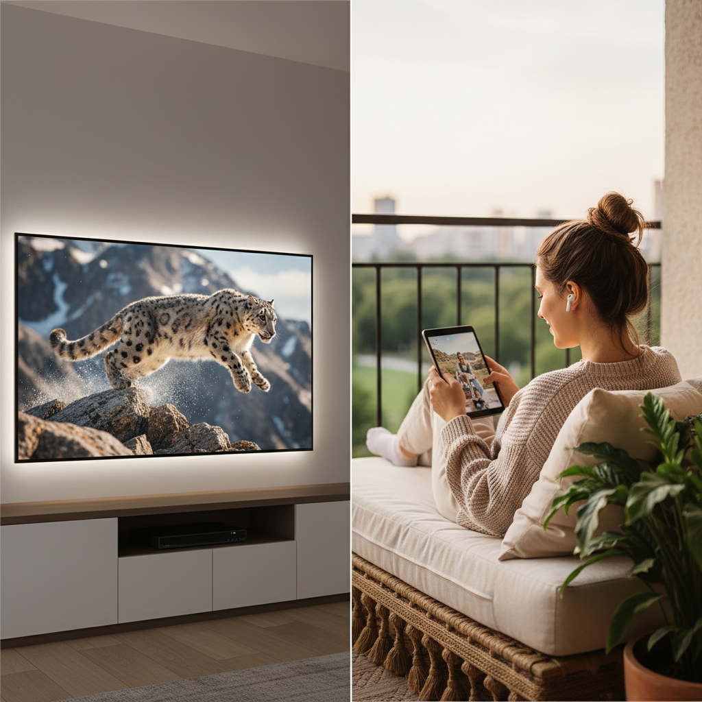 A professional photo showcasing the dual benefits of IPTV. The image is split or features prominent foreground/background elements. In the foreground, a close-up of a stunning, ultra-high-definition video playing on a sleek, large-format screen, emphasizing vibrant colors and incredible detail (e.g., a detailed nature scene or a high-speed sports shot). In the background, or an adjacent panel, a person is comfortably watching content on a mobile device (tablet or smartphone) in a non-traditional, relaxed setting like a park bench or a cozy balcony. Style: High-quality professional photography with excellent lighting and sharp focus, contrasting the visual fidelity with flexible access.