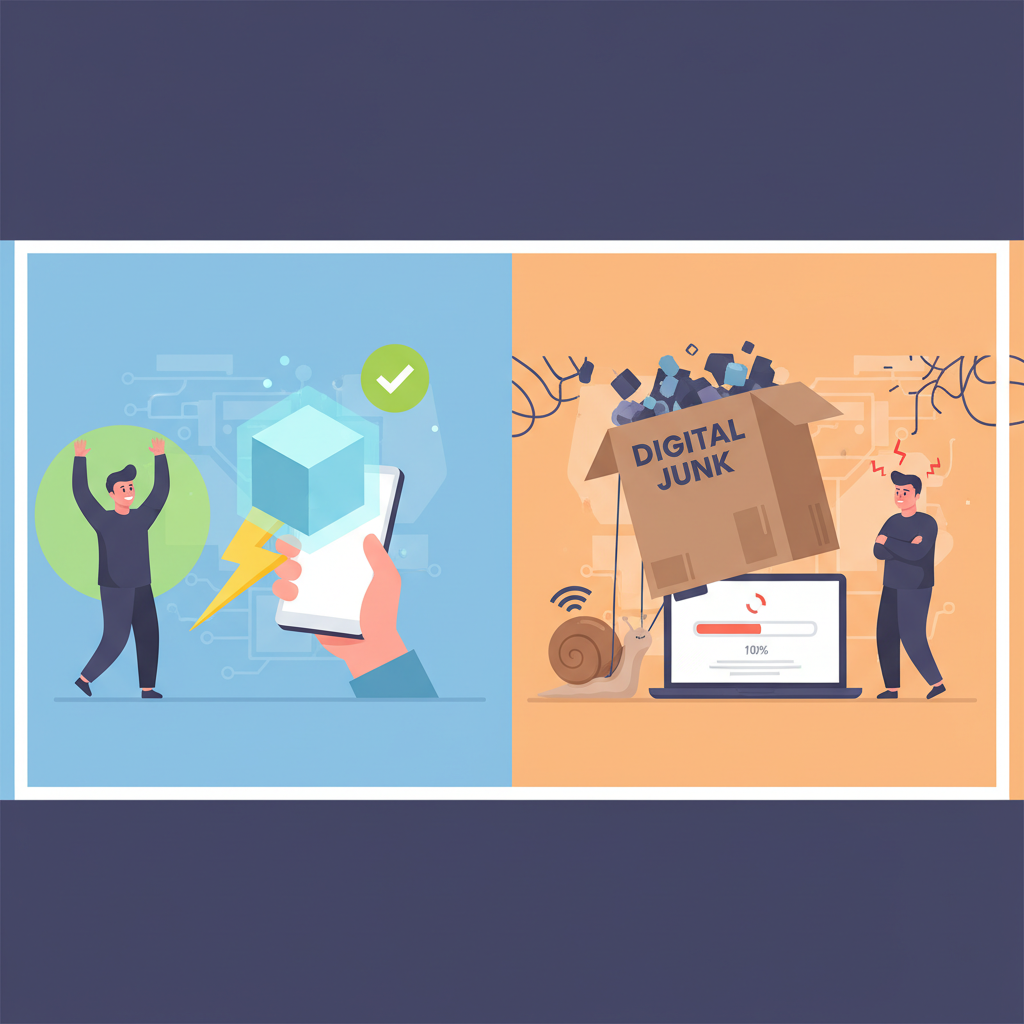 A professional flat illustration depicting two contrasting scenes. On the left, a small, nimble data packet or light 'box' is quickly delivered by a stylized lightning bolt into a smartphone, showing a green checkmark and a happy, smiling user. On the right, a massive, heavy, oversized 'box' filled with digital 'junk' slowly struggles to load onto a laptop screen, represented by a snail or a bogged-down progress bar, with a frustrated user. The background is clean and tech-oriented, emphasizing performance.