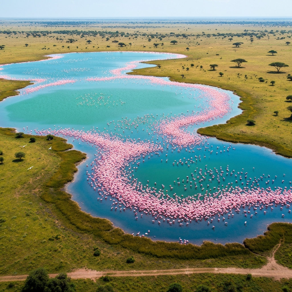 An expansive, vibrant aerial view of one of the Momella Lakes, showcasing its distinctive color, perhaps a brilliant blue or emerald green. Thousands of pink flamingos are densely gathered near the shallow edges, creating a stunning visual contrast. The surrounding landscape includes sparse grasslands and distant acacia trees. The overall impression is one of serene natural beauty and abundant birdlife. Digital painting, highly detailed, vivid and atmospheric.