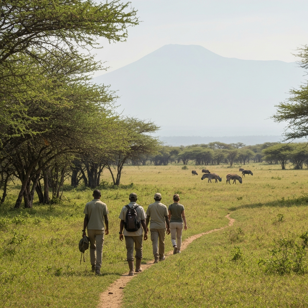 A small group of safari-goers, led by a local guide, walks along a well-worn path through a light forest, transitioning into an open grassy plain. They are quietly observing a distant herd of buffalo or zebras under the watchful eye of the guide. The scene emphasizes the immersive, intimate nature of a walking safari, with Mount Meru visible in the far distance, partially obscured by light haze. Documentary-style photograph, capturing authenticity and adventure.