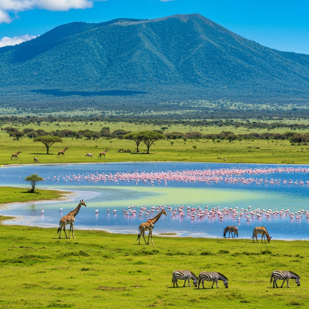 A vibrant professional photo capturing a wide, panoramic view of one of Arusha National Park's shimmering Momella Lakes. The lake prominently displays distinct blue and green alkaline hues, its shallow waters teeming with a large, striking flock of pink flamingos. On the verdant plains bordering the lake, several elegant giraffes browse acacia trees, while a herd of zebras grazes peacefully nearby. In the background, the majestic, lush emerald-green slopes of Mount Meru rise under a clear, bright Tanzanian sky, highlighting the park's diverse ecosystems.