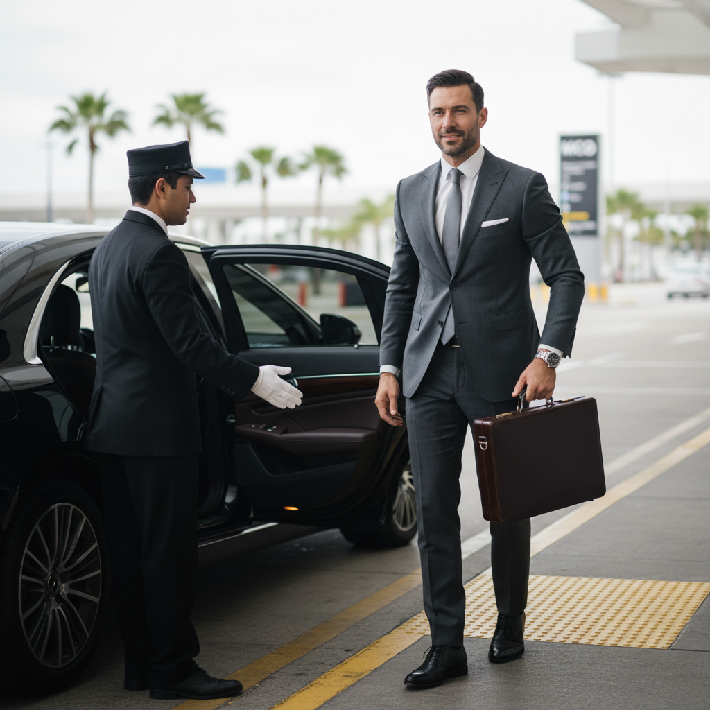 Professional photo capturing a business traveler, sharp in a suit, stepping out of a luxurious black sedan at the arrival curb of Orlando International Airport (MCO). The car door is being held open by a uniformed chauffeur, and in the background, a subtle, blurred hint of airport architecture can be seen. The traveler holds a briefcase and looks confident, implying a seamless and stress-free arrival. Focus on elegance and efficiency.