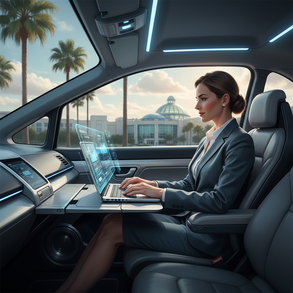Vibrant digital painting or concept art showing a business executive working productively inside a spacious, modern car. They are seated comfortably, laptop open on their lap, possibly on a fold-out tray. The car interior is clean and minimalist. Through the window, blurred Orlando landmarks like palm trees or a distant convention center could be subtly visible, reinforcing the location while emphasizing the comfort and quiet environment conducive to work.