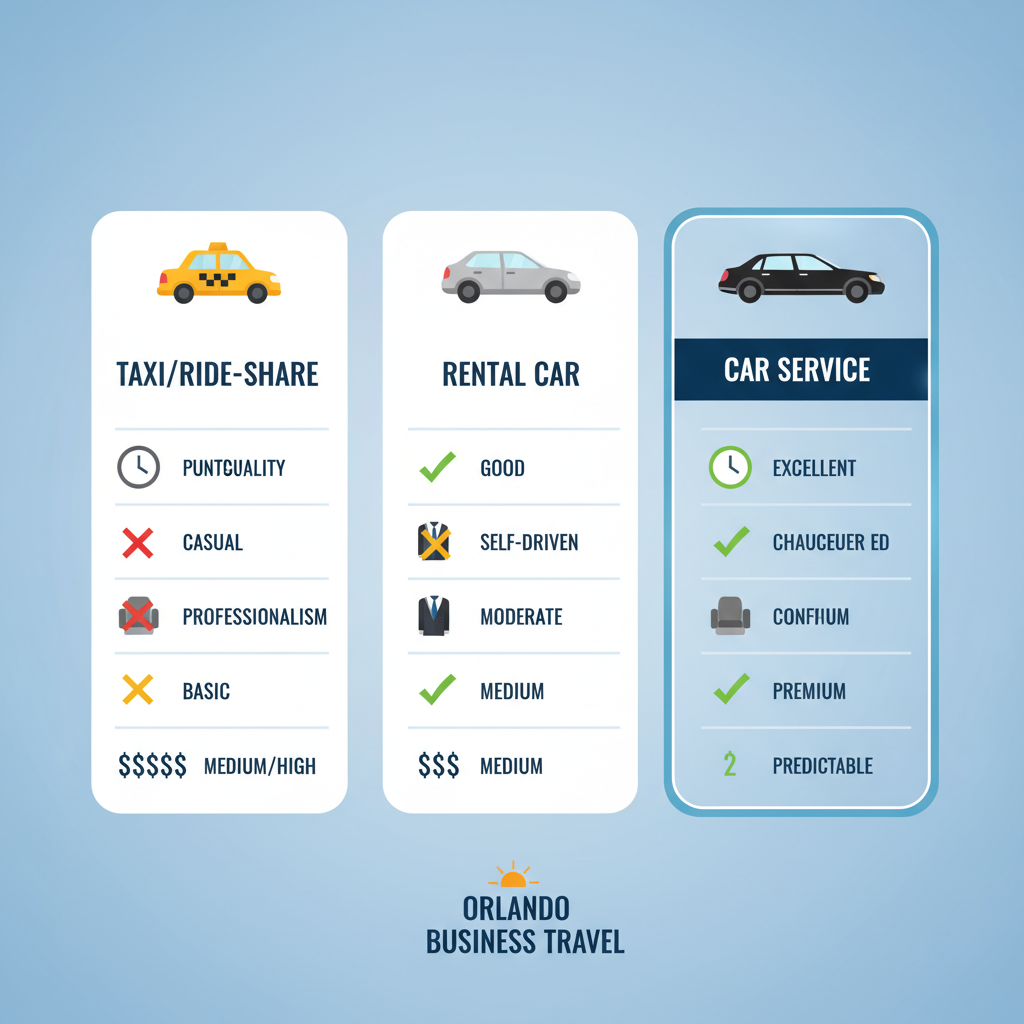 Flat illustration depicting a clear infographic comparing different transportation options for business travel in Orlando. Three distinct columns or sections: 'Taxi/Ride-share', 'Rental Car', and 'Car Service'. Use icons to represent key aspects like 'Punctuality' (a clock), 'Professionalism' (a suit and tie), 'Comfort' (a plush seat), and 'Cost' (dollar signs). The 'Car Service' column should be highlighted with positive checkmarks and a more streamlined, premium aesthetic.