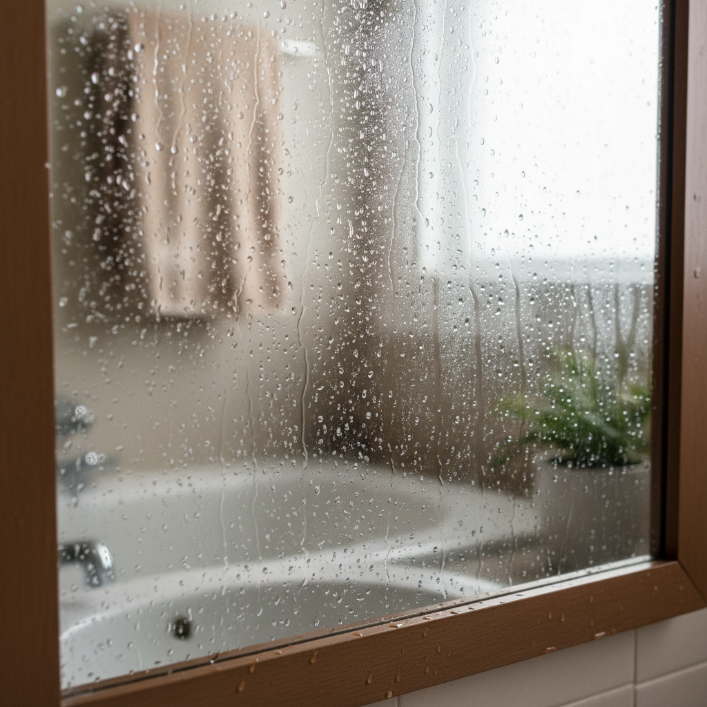A professional photo of a steamy bathroom mirror or a window pane with visible condensation droplets running down, reflecting a blurred interior. The atmosphere should feel slightly damp and cool, emphasizing the visual manifestation of condensation in a domestic setting. Use soft, natural light to highlight the water droplets and the contrast between the moist surface and dry surroundings.