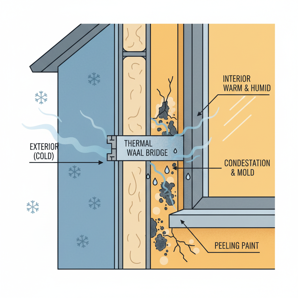 A detailed flat illustration showing a cross-section of a house wall experiencing condensation due to a thermal bridge. Highlight the interior wall with peeling paint and dark mold spots, especially in a corner or around a window frame. Show cooler temperatures on the exterior side of the wall and inside the thermal bridge with a subtle color shift (e.g., blue tones for cold, yellow/orange for warmer air), and depict humid air from the interior condensing on the colder, poorly insulated section, leading to visible damage.