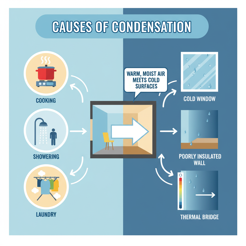 An infographic-style illustration depicting the causes of condensation. On one side, show icons representing common household activities like cooking (steaming pot), showering (steam from a showerhead), and laundry (drying clothes indoors), all emitting vapor into a stylized room. On the other side, illustrate cold surfaces like a window, a poorly insulated wall, and a thermal bridge (indicated by a color gradient from warm to cold), with arrows showing the vapor condensing upon contact with these colder areas.